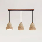 Elri three-head bell pendant light with wooden bar, travertine shades, and rope weave