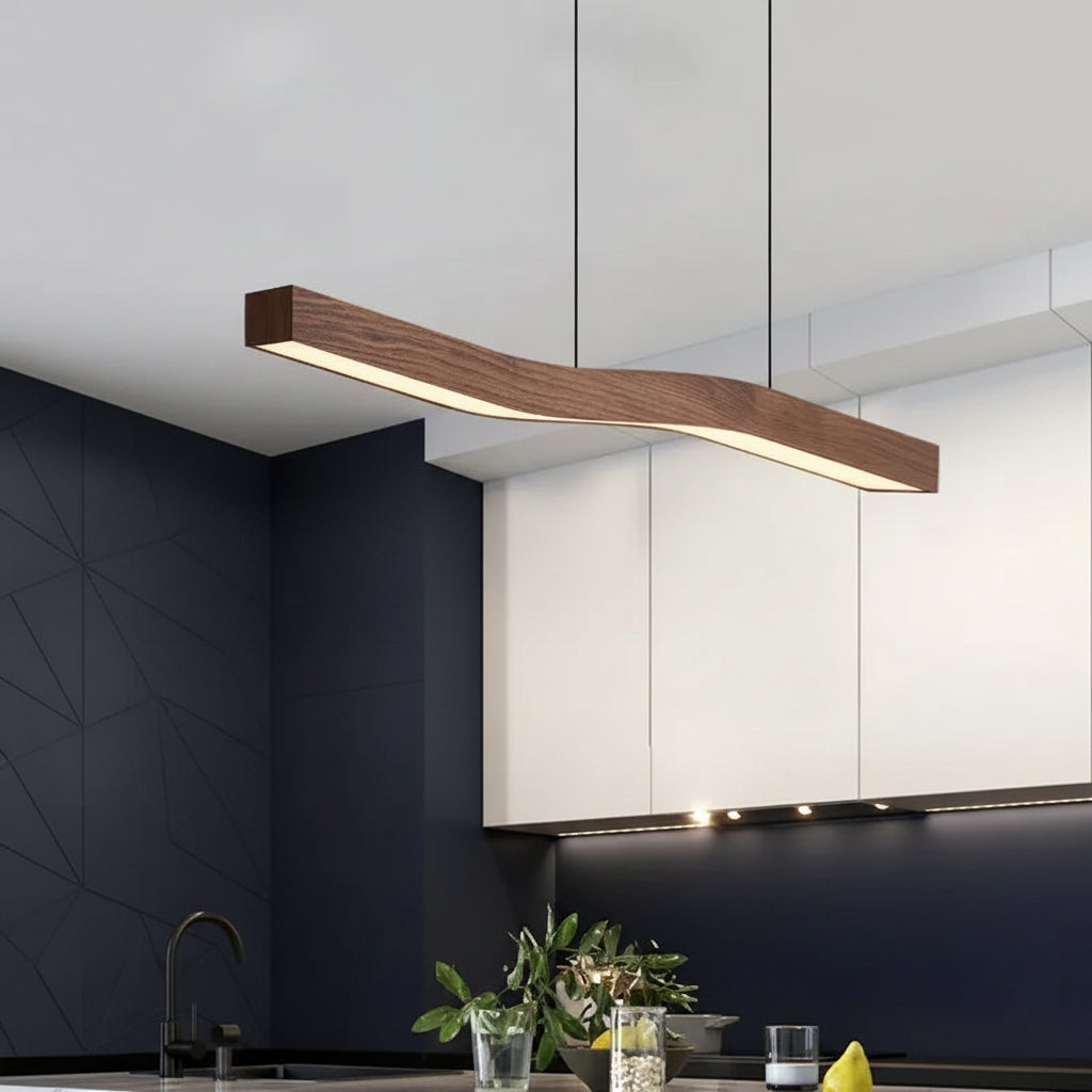 Long wooden linear wave pendant light with warm light strip and two hanging cables