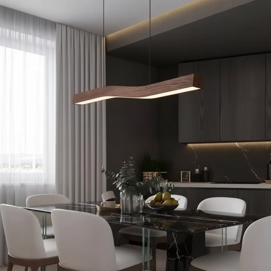 Wooden wave linear pendant light with warm LED glow, long curved bar and hanging cords