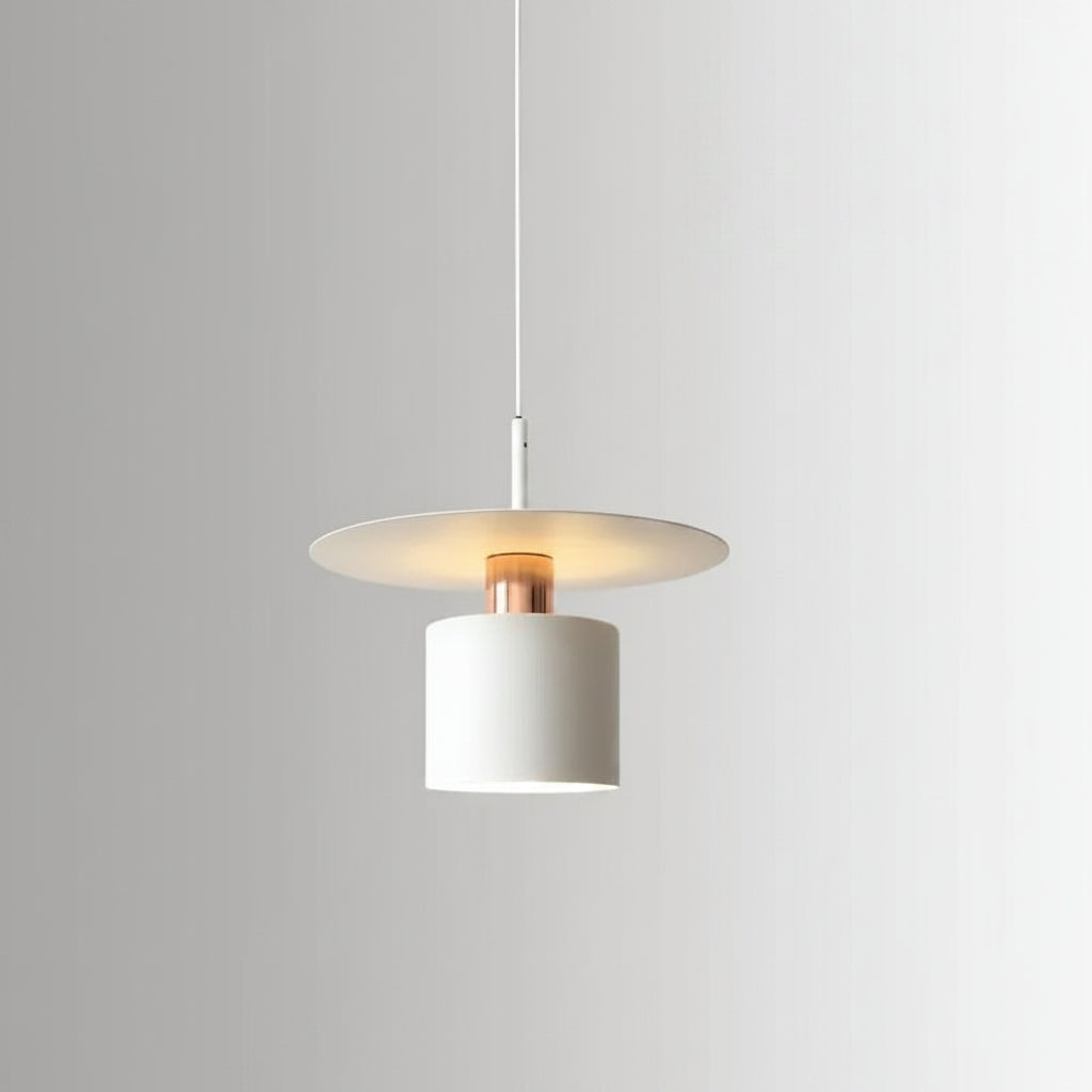 White cylindrical pendant light with warm glowing bulb and round canopy top