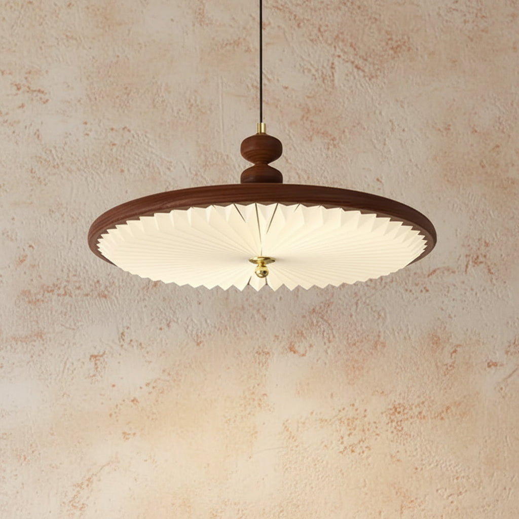 Walnut UFO-style pleated pendant light with round hanging shade