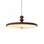 Walnut UFO-style pleated pendant light, round disc shade on cord