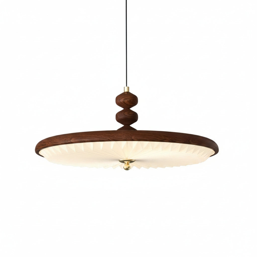 Walnut UFO-style pleated pendant light, round disc shade on cord