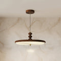 Walnut UFO-style pleated pendant light with ribbed round shade