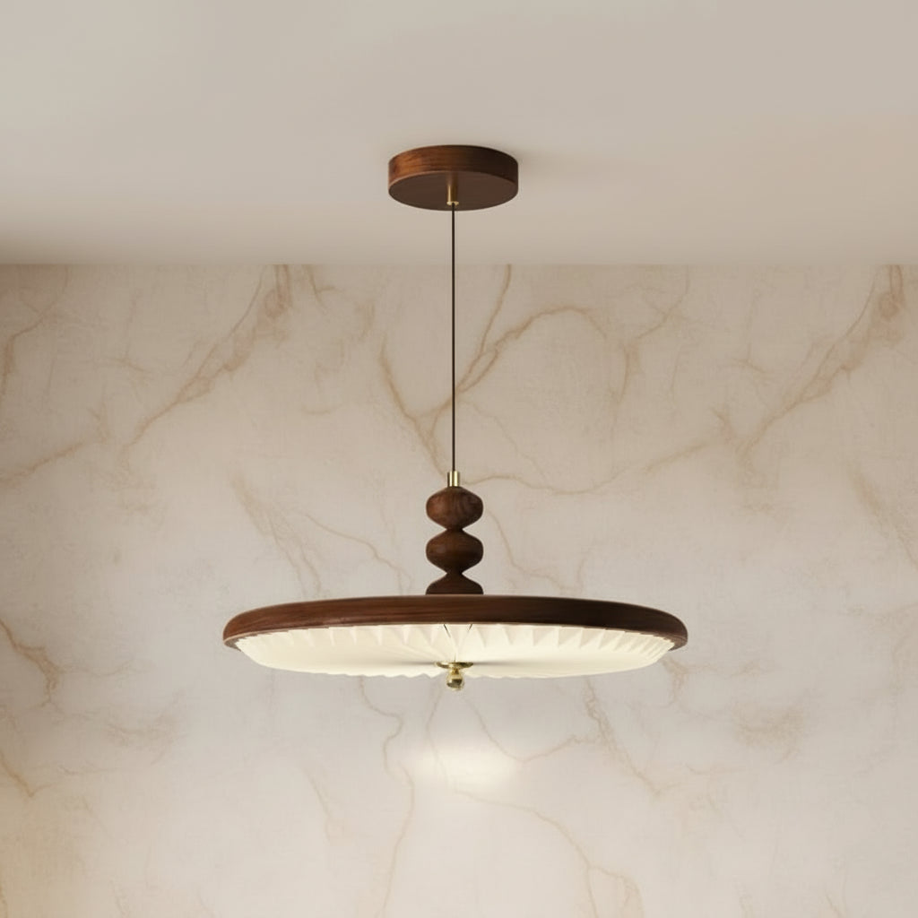 Walnut UFO-style pleated pendant light with ribbed round shade