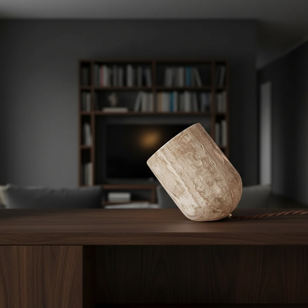 Travertine table lamp with slanted cylindrical beige stone shade and braided power cord