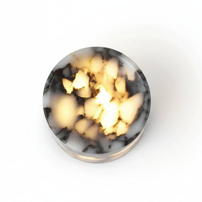 Marble cylinder wall light with round drum shade, black and cream stone pattern