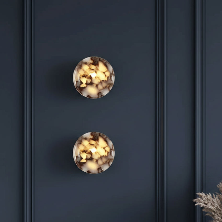 Marble cylinder wall lights with two round stone shades