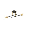Two-light asymmetrical ceiling flush mount with black arms and gold cylindrical shades