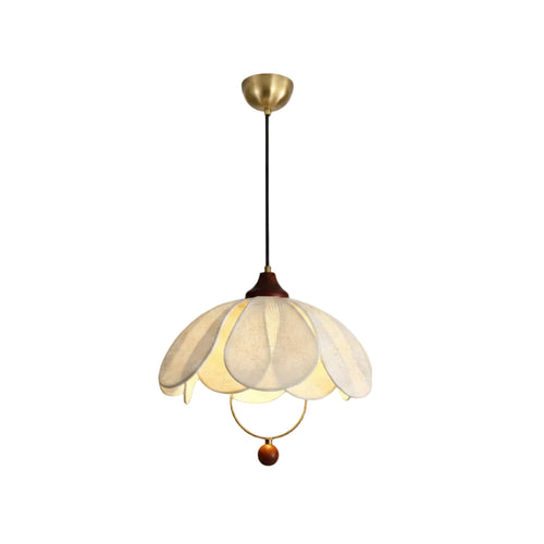Layered fabric petal pendant light with cream shade, gold top cap, and brown finial