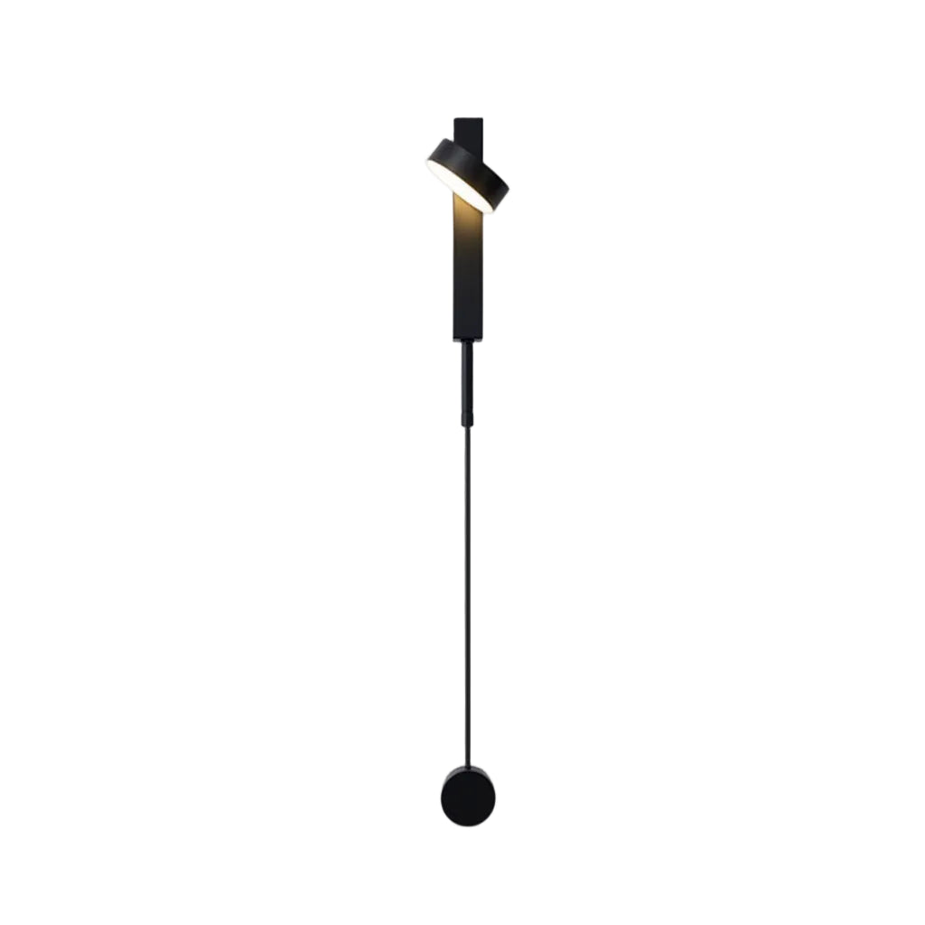 Black wall sconce with cylindrical shade and pull-switch knob, vertical wall-mounted design