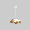 Curved wooden pendant light with warm glow and white ceiling canopy