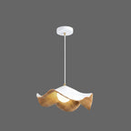 Curved wood pendant light with warm glowing bulb and white ceiling canopy