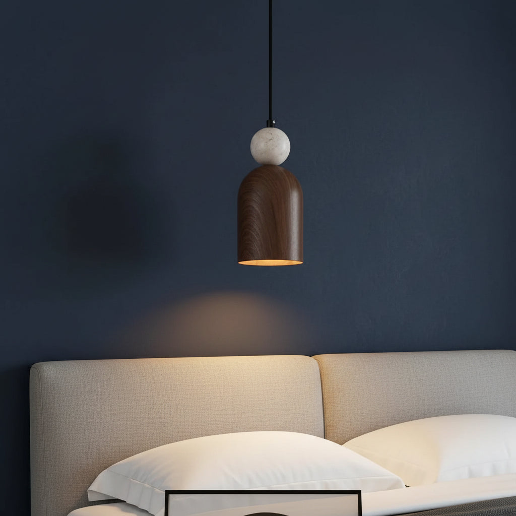 Stacked pendant light with travertine-style sphere and brown cylindrical wood shade, open bottom