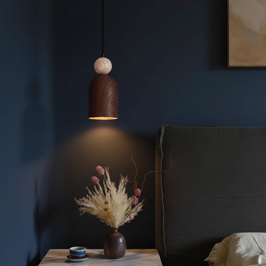 Cylindrical stacked pendant light with travertine-style sphere top and brown wood cylinder shade