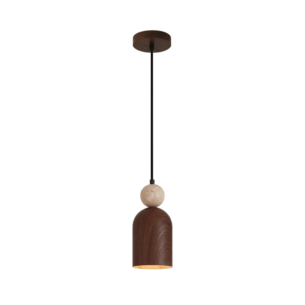 Isolated stacked pendant light with black canopy, beige stone sphere, and brown cylindrical shade