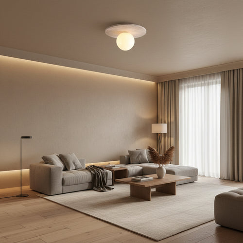 Round flush mount ceiling light with frosted globe and travertine-textured disk