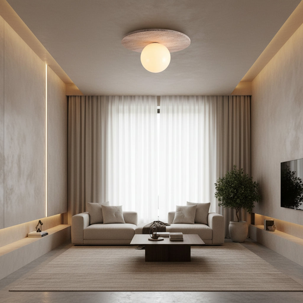 Globe flush mount ceiling light with textured travertine-style canopy