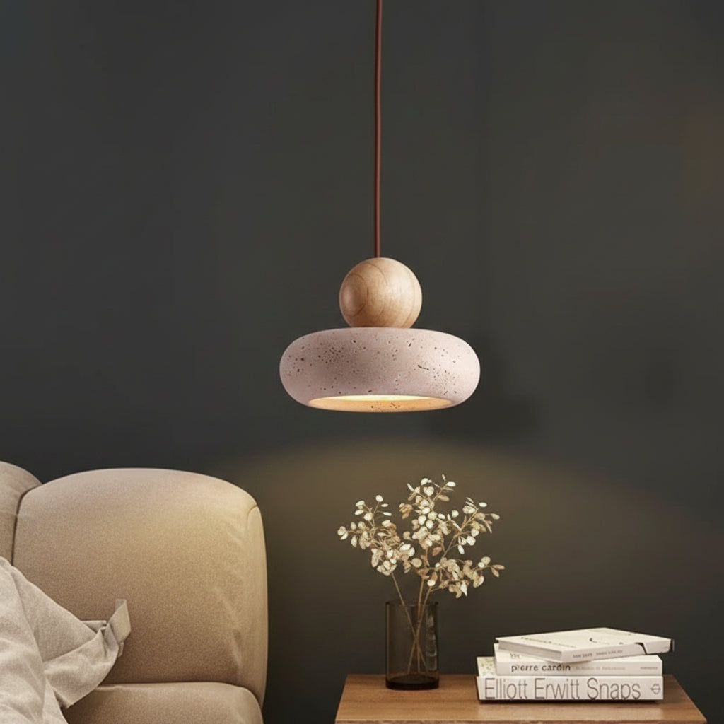 Single stacked pendant light with speckled travertine shade and round wooden knob