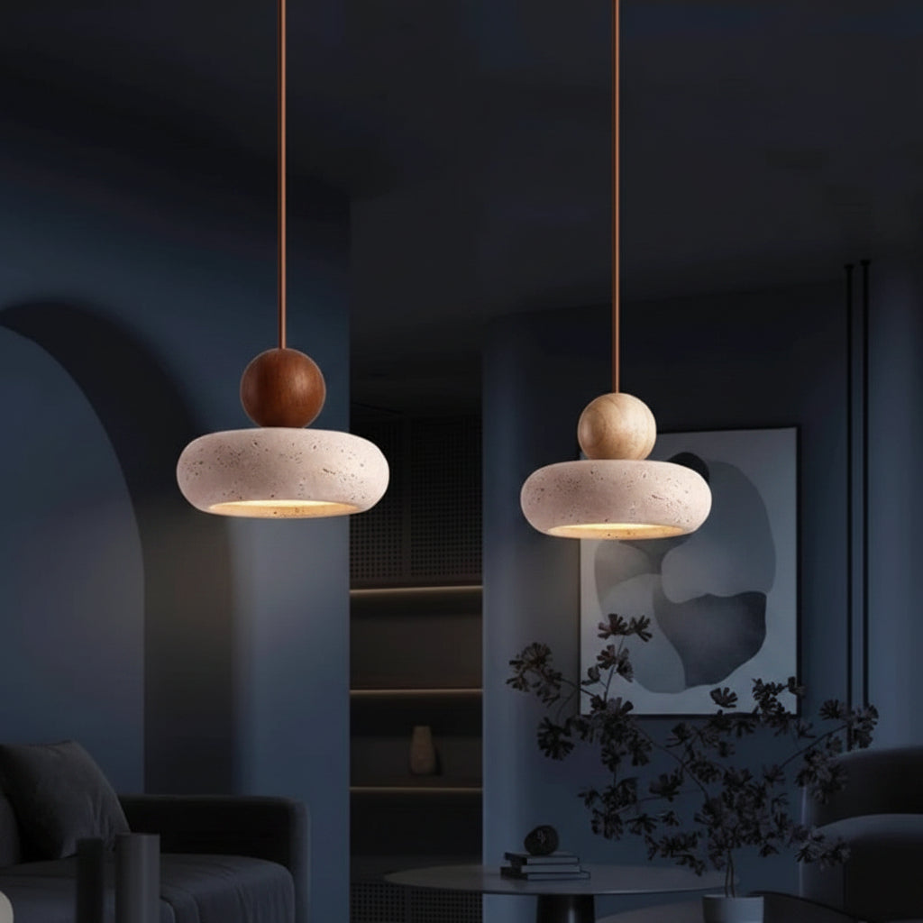 Travertine stacked pendant light with round wood top and curved stone shade