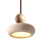 Stacked travertine pendant with round wooden sphere and speckled dome shade