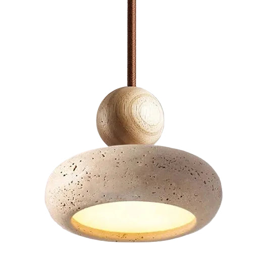 Stacked travertine pendant with round wooden sphere and speckled dome shade