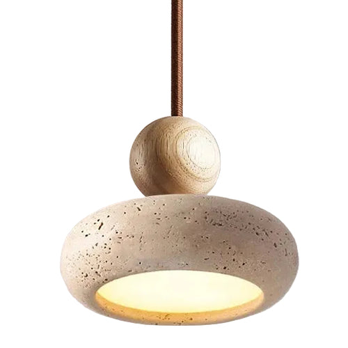 Stacked travertine pendant with round wooden sphere and speckled dome shade