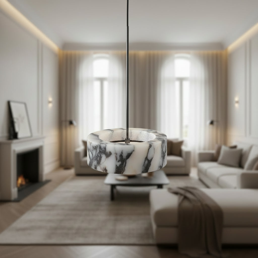Marble drum pendant light with white marble shade and warm light