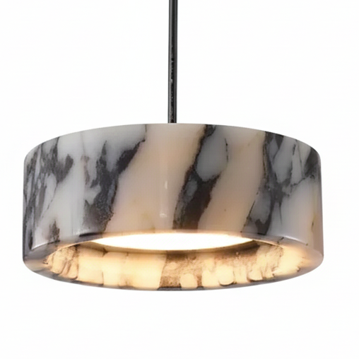 White-and-black marble drum lamp shade with glowing inner ring