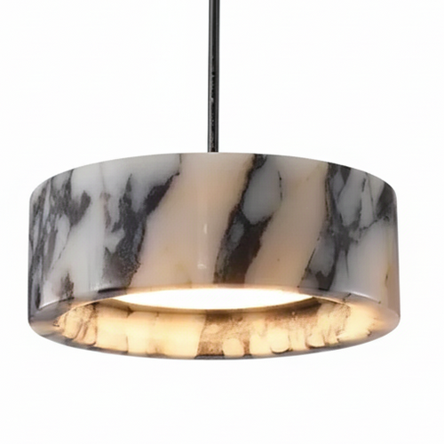 White-and-black marble drum lamp shade with glowing inner ring