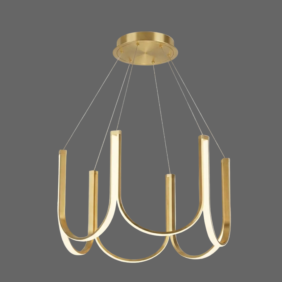 Gold U-shaped chandelier with ribbon arms and 6 candle-style bulbs