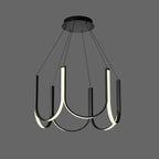 Black U-shaped chandelier with ribbon arms and 6 candle-style bulbs on ceiling