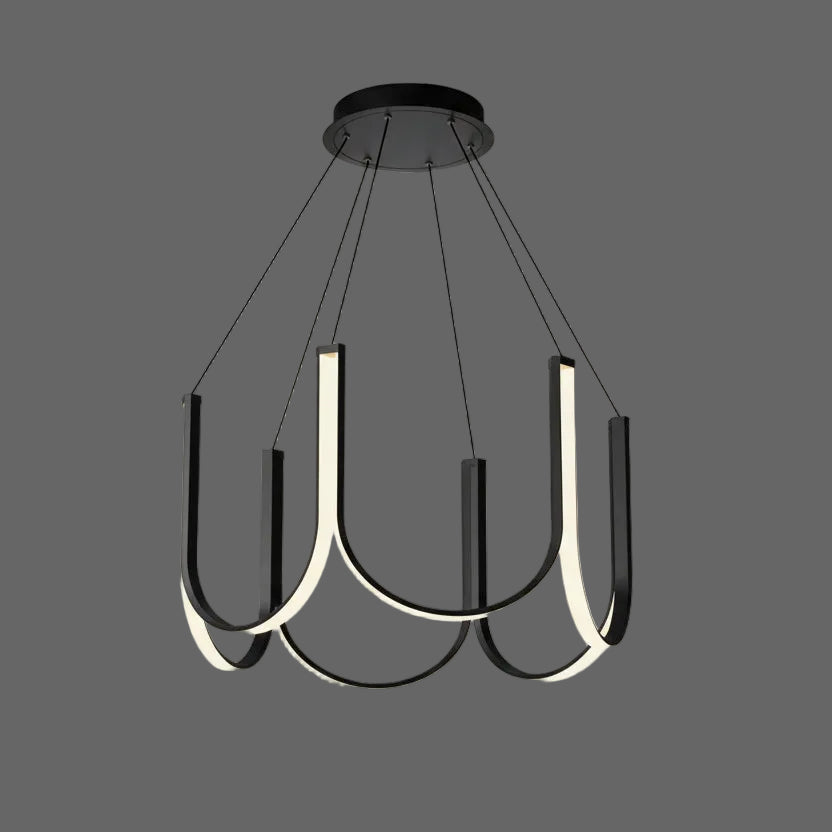 Black U-shaped chandelier with ribbon arms and 6 candle-style bulbs on ceiling