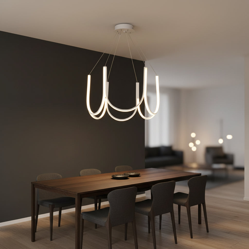 White U-shaped wave chandelier with ribbon arms and 6 candle-style bulbs