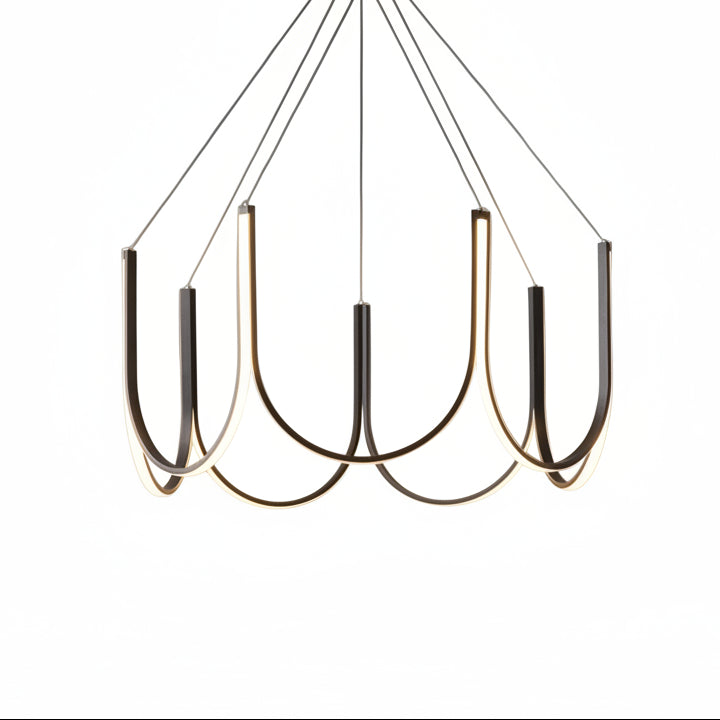 Gold and black U-shaped chandelier with ribbon arms and 6 candle-style bulbs