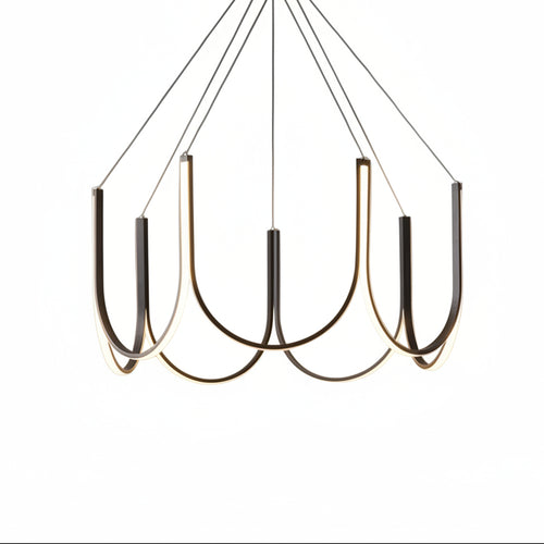 Gold and black U-shaped chandelier with ribbon arms and 6 candle-style bulbs