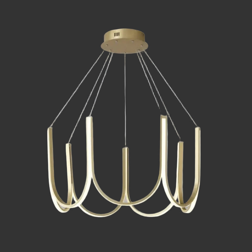 Gold U-shaped ribbon chandelier with 7 hanging candle bulbs