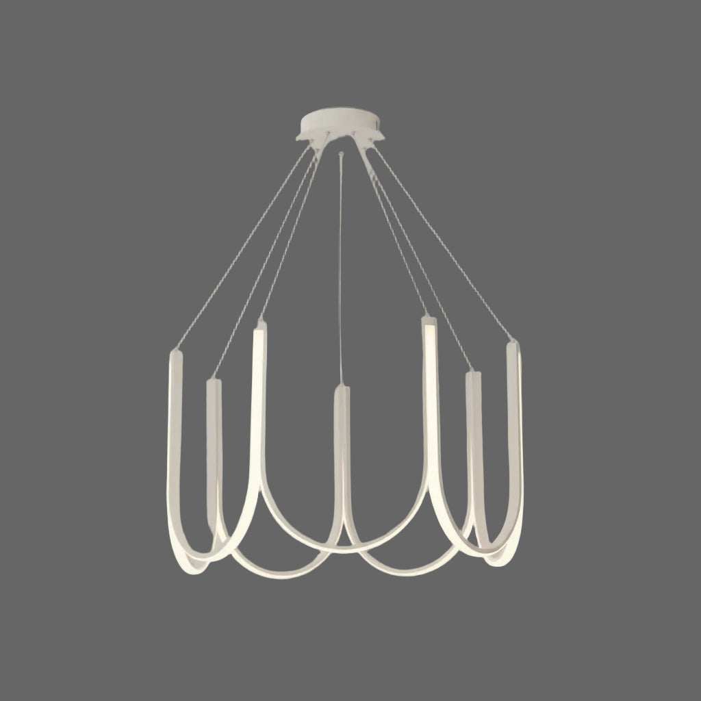 White U-shaped chandelier with ribbon arms and 6 candle-style bulbs on fixture