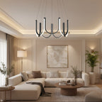 Black U-shaped chandelier with ribbon arms and 6 candle-style bulbs