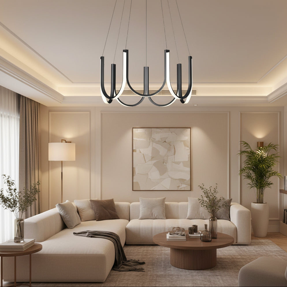 Black U-shaped chandelier with ribbon arms and 6 candle-style bulbs