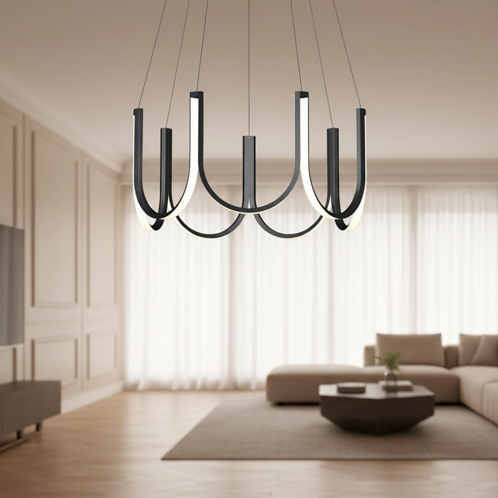 Black U-shaped wave chandelier with ribbon arms and 6 candle-style bulbs
