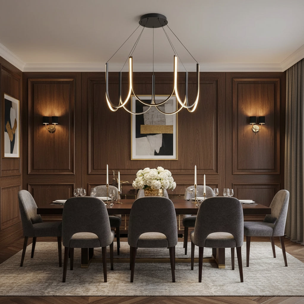 Black U-shaped wave chandelier with glowing candle-style bulbs and ribbon arms
