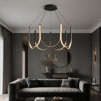 Black U-shaped wave chandelier with ribbon arms and 6 candle-style bulbs