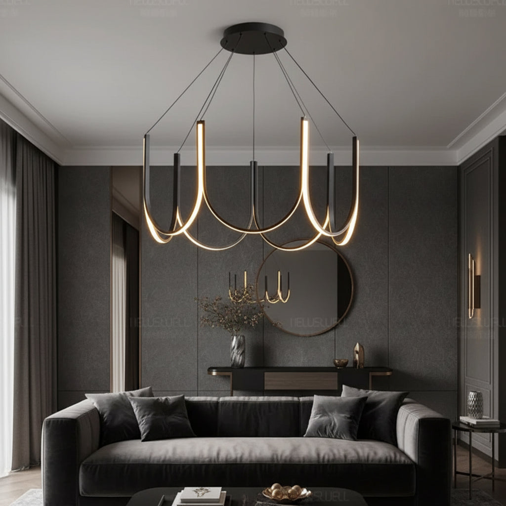 Black U-shaped wave chandelier with ribbon arms and 6 candle-style bulbs