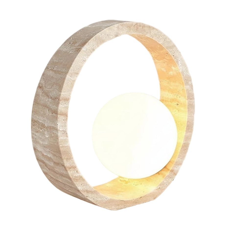 Travertine ring table lamp with glowing round globe in textured oval frame