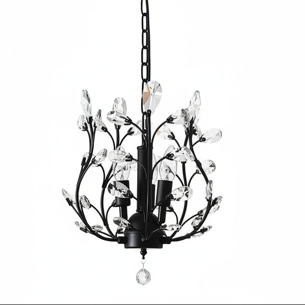 Black metal branch chandelier with clear crystal droplets and teardrop crystal details