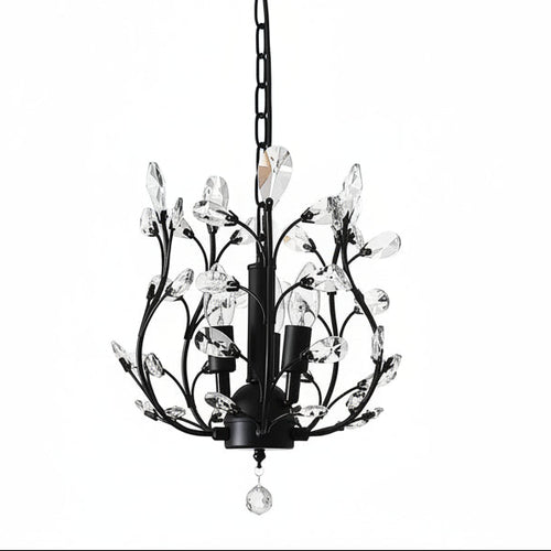 Black metal branch chandelier with clear crystal droplets and teardrop crystal details