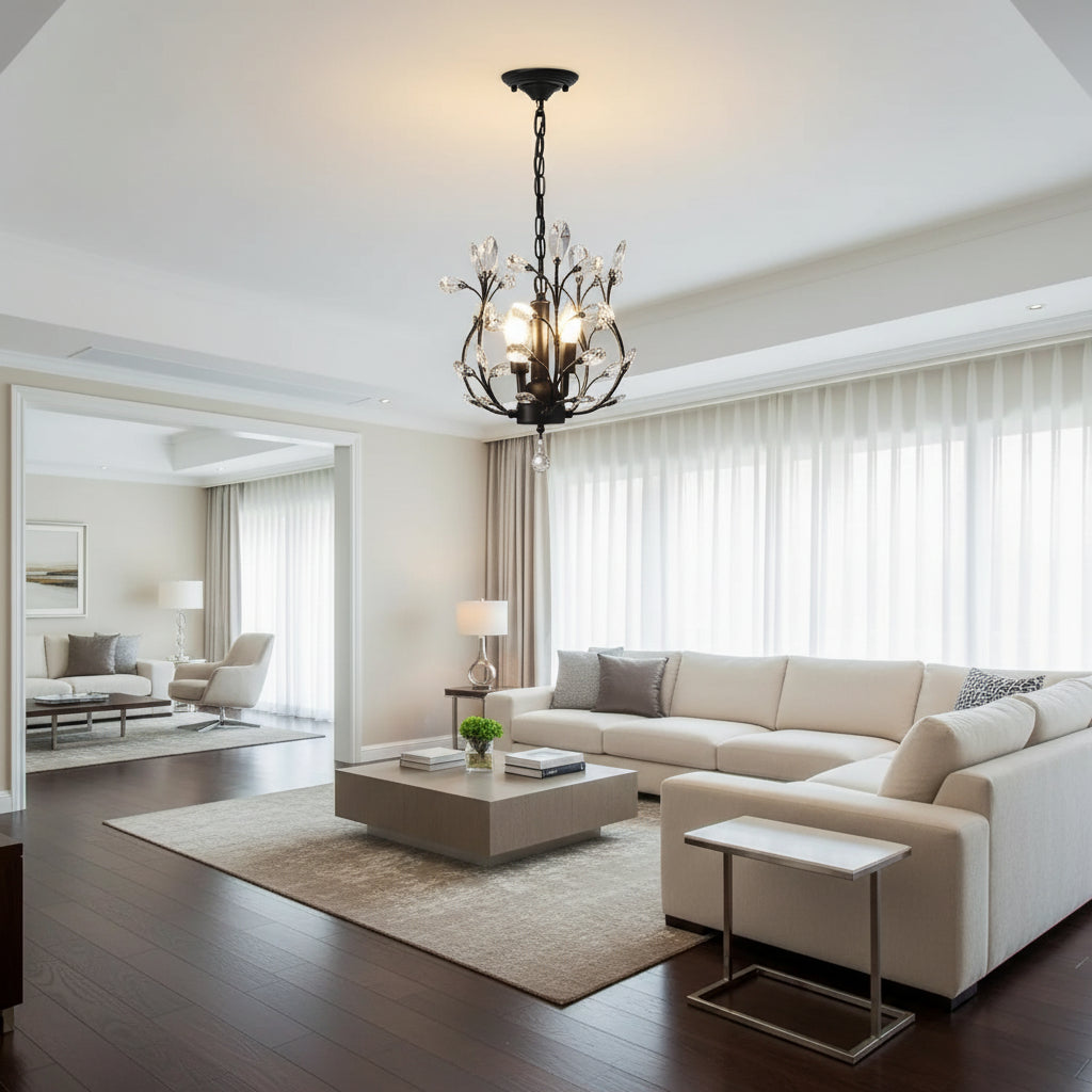 Crystal branch chandelier with black canopy, multiple bulbs, and clear leaflike arms