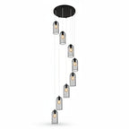 Spiral hanging chandelier with round black ceiling canopy and five wire cylinder cages