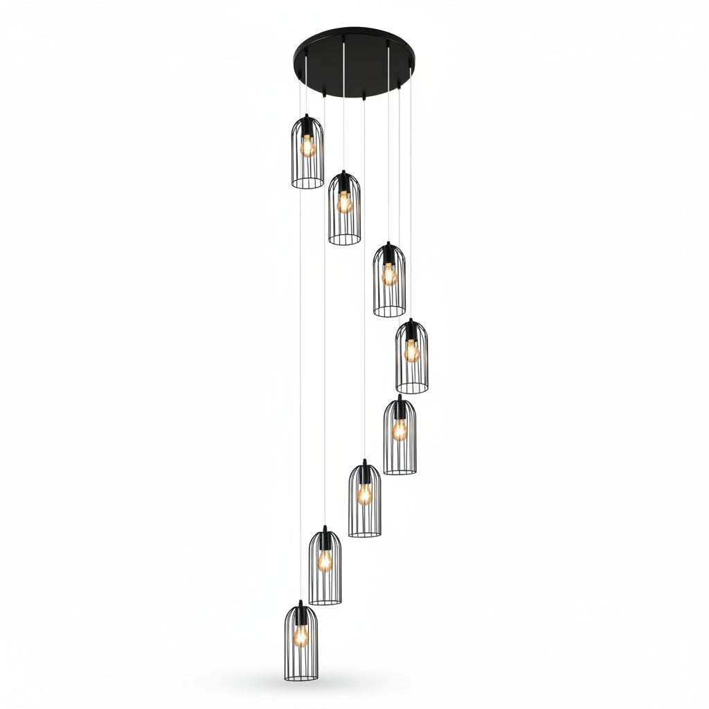 Spiral hanging chandelier with round black ceiling canopy and five wire cylinder cages